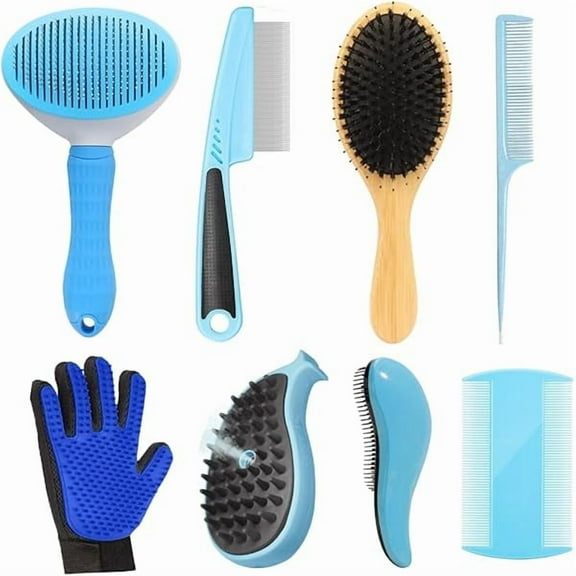 829 8 In 1 Cat Grooming Brushes for Short Hair, Cat Steam Brush, Bristle Shedding Brush, Flea Comb, Pet Grooming Glove, Dog Self Cleaning Brush for Short Haired Dogs Cats (short hair brush-blue)