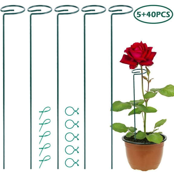 NOGIS 45 PCS Plant Support Stakes Kit, Garden Flower Support Stake Steel Single stalk Support Stake Plant Cage Support Ring Clips Ties for Flowers, Tomatoes, Peony, Lily, Rose
