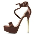 thumbnail image 3 of YDN Women Graceful Ankle Strap Buckle Stilettos Open Toe Sandals Platform Metal High Heel Pumps Bridal Dress Prom Shoes Size 9 Brown, 3 of 4