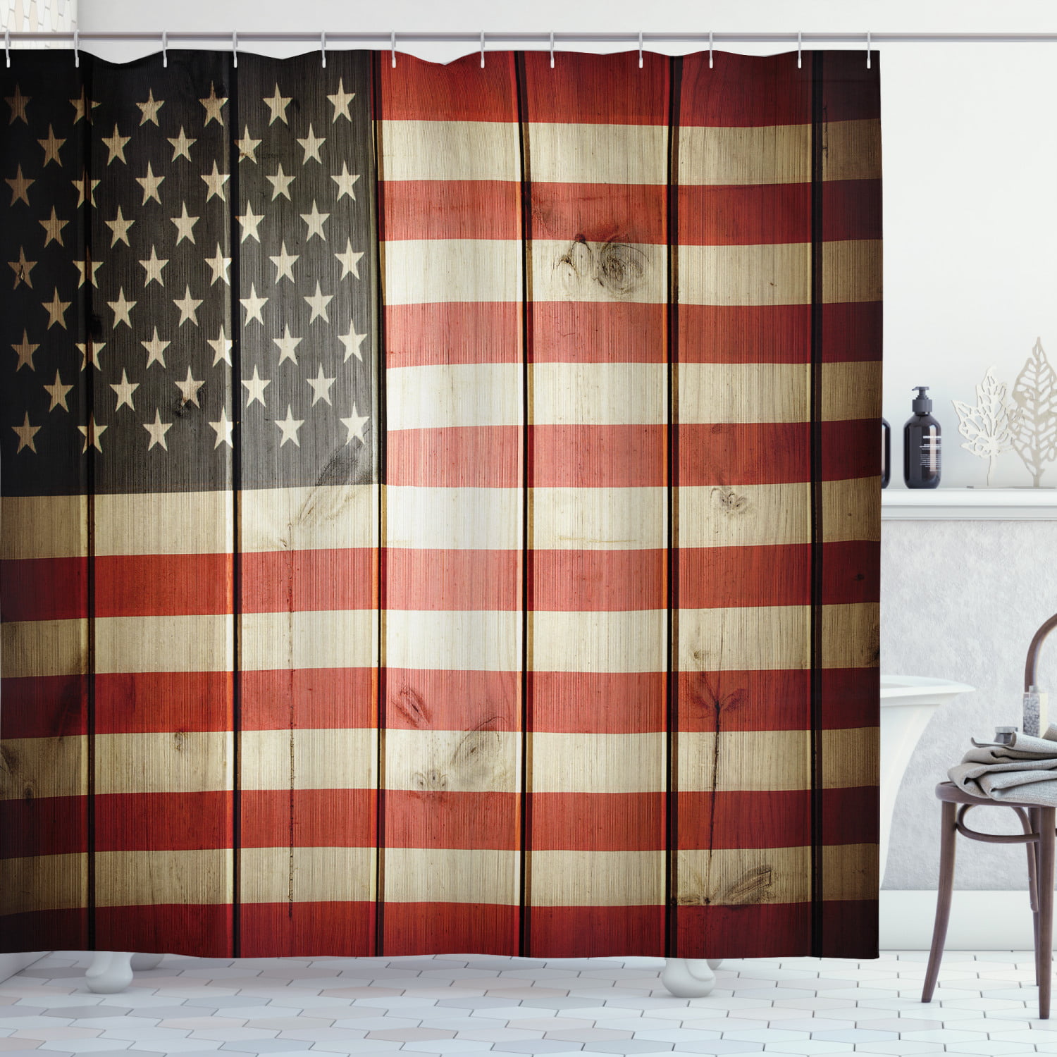 Americana USA Flag Shower Curtain Rustic Anchor Sailing Nautical Bath Decor 