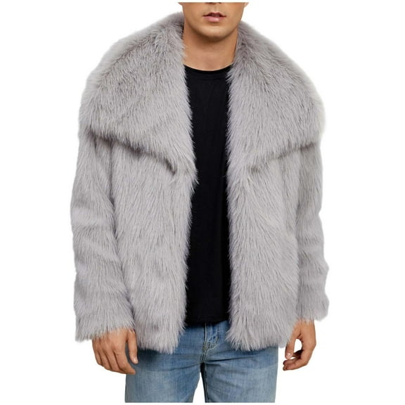 ZCFZJW Men's Luxury Faux Fuzzy Winter Coats Big and Tall Regular Fit Open Front Long Sleeve Lapel Collared Jacket Fluffy Warm Parka Overcoat Outerwear Gray S