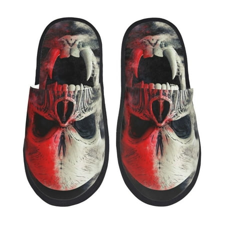 Balery Red And White Screaming Demon Skull Slient Indoor Furry Fleece Comfort House Shoes Soft Non-Slip Home Shoes Cotton slippers House Slippers-- Large