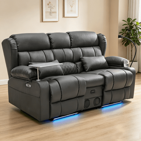 Power Loveseat Recliner Sofa with Console, Massage & Heat, LED Theater Seating with Bluetooth Speaker, USB Charging, Cup Holders, Storage, Tray Table & Cup Holder, Faux Leather, Black