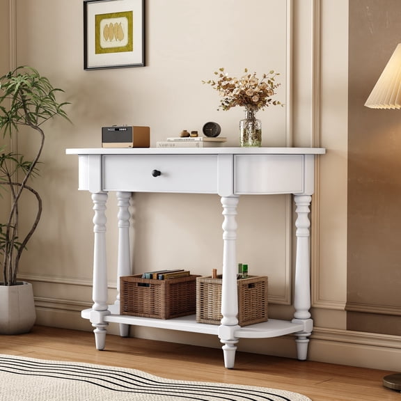 36" Retro Console Table with Drawer and Open Storage Shelf, Solid Wood Entryway Sofa Table with Curved Corners for Hallway and Living Room, White