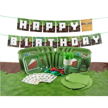 Complete Premium Tableware for Miner Crafting Pixel Themed Birthday Parties with Happy Birthday Banner! (Serves 8)