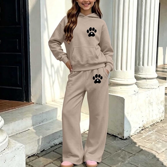 Auroural Girls Hoodies Girls Sweatpants Wide Leg Winter Printed Hooded Sweatshirt Wide-Leg Pants Casual Warmth Two-Piece Set
