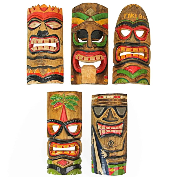 Set of 10 Hand-Carved Wood Polynesian Design Hawaiian Tiki Wall