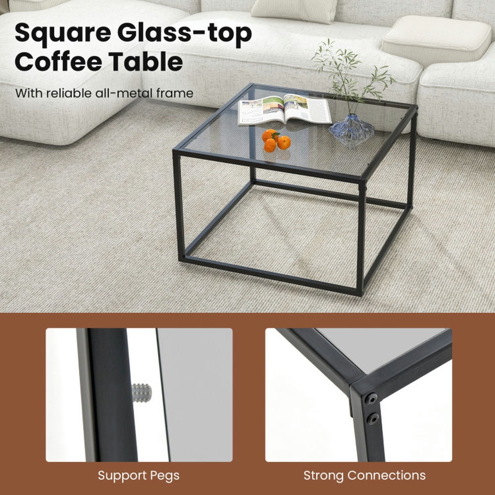 Finihen Coffee Table, Tempered Glass Coffee Table, 27.5 Inch Home Square Tea Table with Heavy-duty Metal Frame, for Living Room, Reception Room, Gray