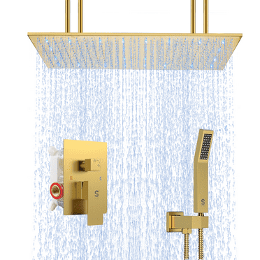 16x32-inch LED Brushed Gold  Ceiling Rainfall Shower Faucet Spray Head Combo Set