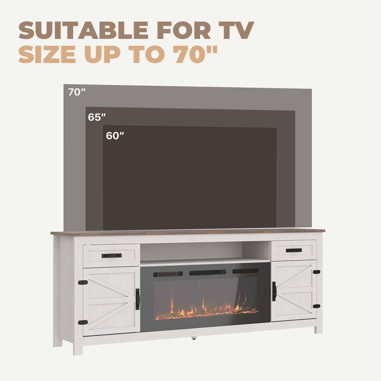 BaPiPro 70" Electric Fireplace TV Stand, Farmhouse Entertainment Center for TVs up to 80" with Storage Drawers, White