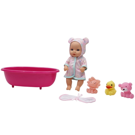 Dream Collection: 10" Baby Doll Bathing Playset - Pink & Blue - 3 Animal-Shaped Water Toys, Splash Tub, Robe & Towel, Hard Body, Kids & Toddlers 2