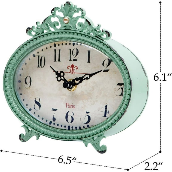 Vintage Table Clock, French Turquoise Rococo Style Desk Clock, Battery Operated Rustic Design for Home Decor