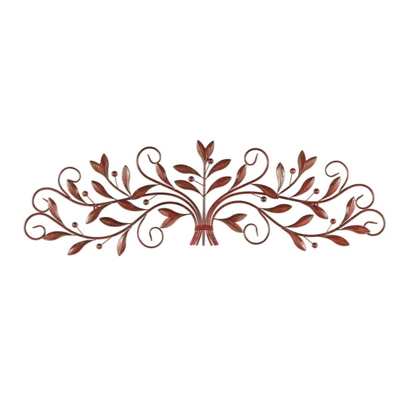 DecMode Red Metal Long Scrolled Leaf Wall Decor with Beaded Accents