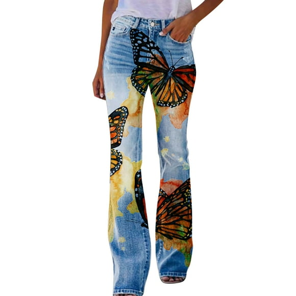 LUOGENLI Female Casual Pants Women's Bootcut Distressed Flared Denim Print Casual Pants Flower Print Denim Jeans Womens Casual Pants Regular Fit Women Casual Pants Stretch Blue L