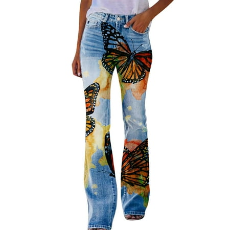 

Women s Bootcut Distressed Flared Denim Print Casual Pants Flower Print Denim Jeans Women Casual Pants plus Size Long Pants Women Casual Cotton Maternity Business Casual Pants for Women