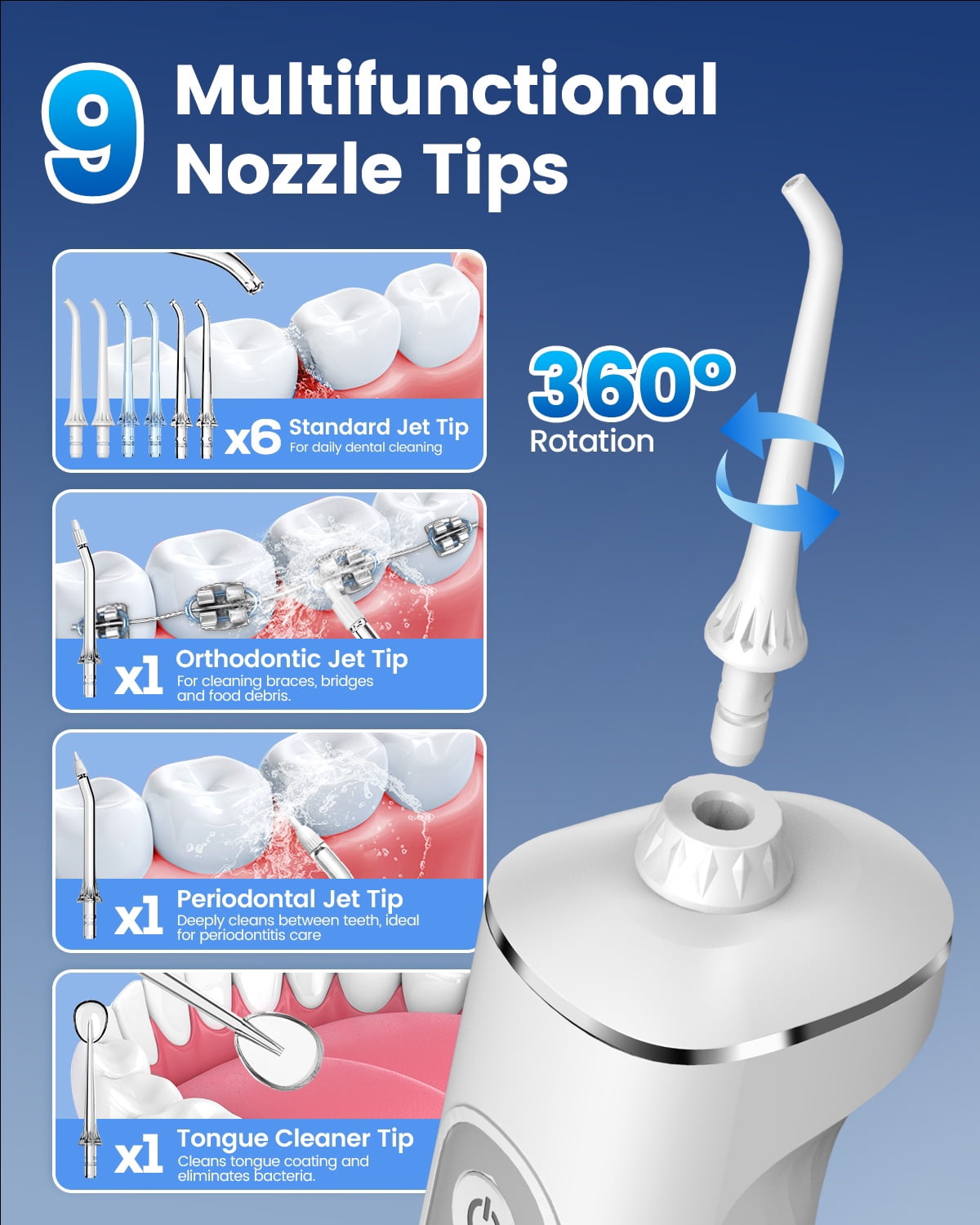 JTF Cordless Water Flosser for Teeth: 3 Modes & 10 DIY Pressure Levels Portable Oral Irrigator for Braces & Sensitive Gums with 9 Tips & 300ML Tank, Rechargeable Electric Dental Pick for Home Travel