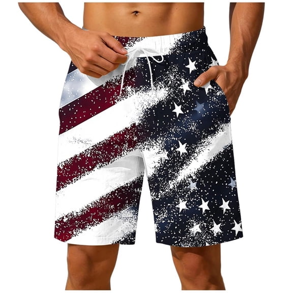 Mens Swim Trunks Quick Dry Long Board Shorts No Lining, Breathable Fit Patriotic USA Print Beach Shorts Swimwear Bathing Suits Big and Tall Size S-3XL Blue