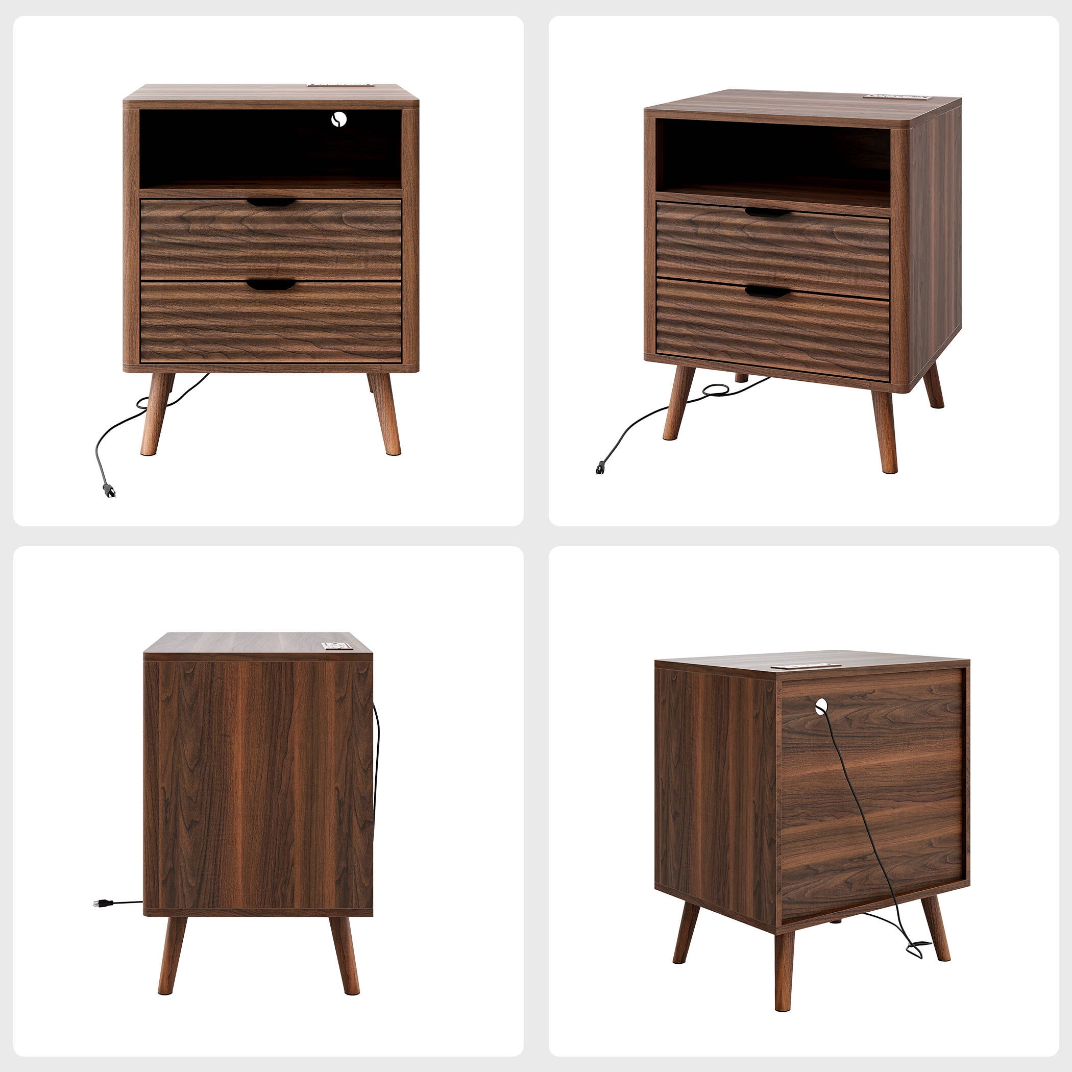 GUNAITO Fluted Nightstand Set of 2 for Bedroom with Charging Station Bedside Table with LED Light Wood Nightstand with Open Shelf and 2 Drawers Walnut