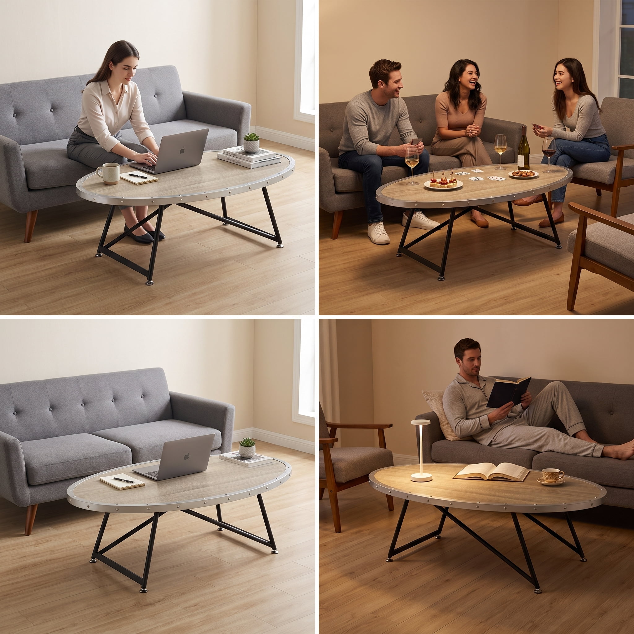 Coffee Table, Gray Oak & Metal Finish