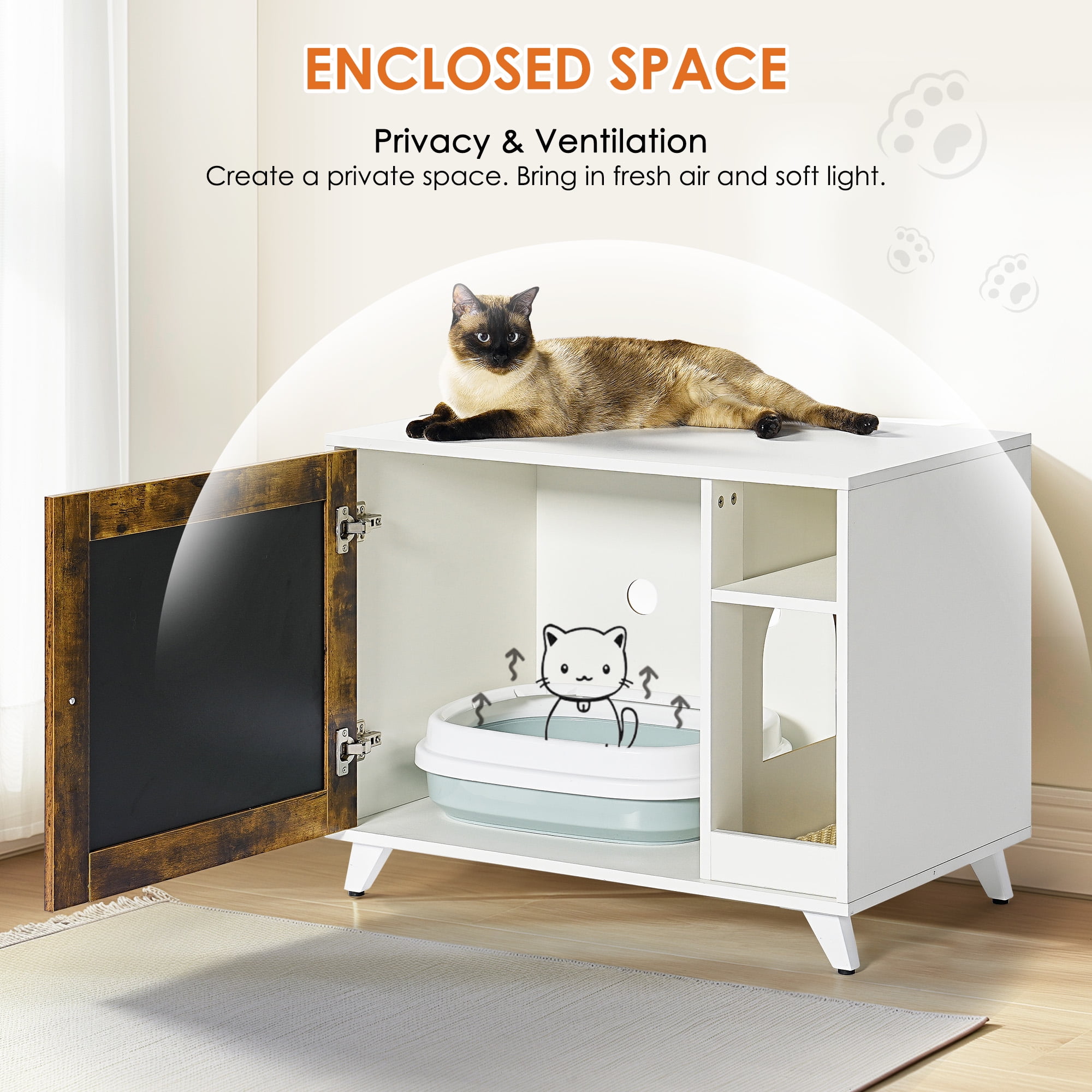 Kadyn 30" Wooden Cat Litter Box Enclosure for Living Room, Hidden Litter Box Furniture Cat House, White
