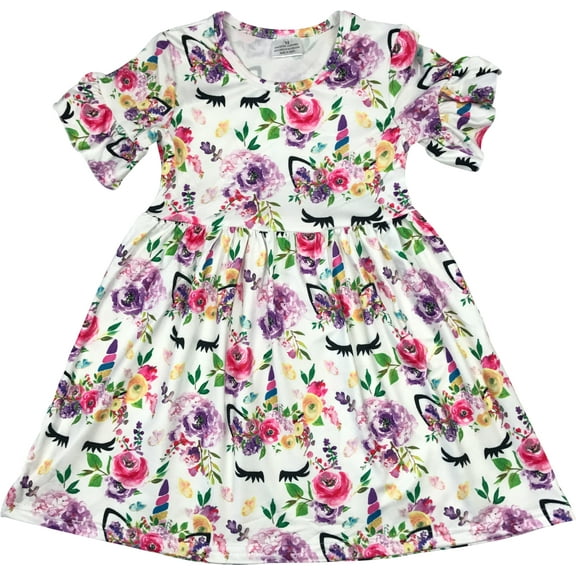 Little Girl Dress Kids Unicorn Floral Birthday Summer Flower Girl Dress Off White 2T XS (501294)