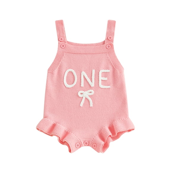 BemeyourBBs Baby Girl First Birthday Outfit 1st Years Old Clothes Knit Romper Overalls Sleeveless Number Letter Bow Embroidery Sweater Romper Bodysuit Playsuit Spring Summer Fall Clothing