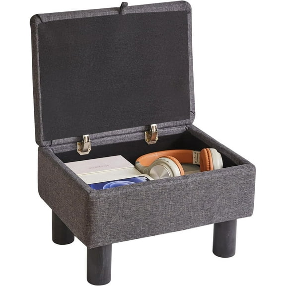 Small Foot Stool Ottoman with Storage, Linen Foot Rest with Wood Legs Safety Hinge Flip Top, Bedside Step Stool Rectangle 16x12x9.5inch for Living Room Bedroom