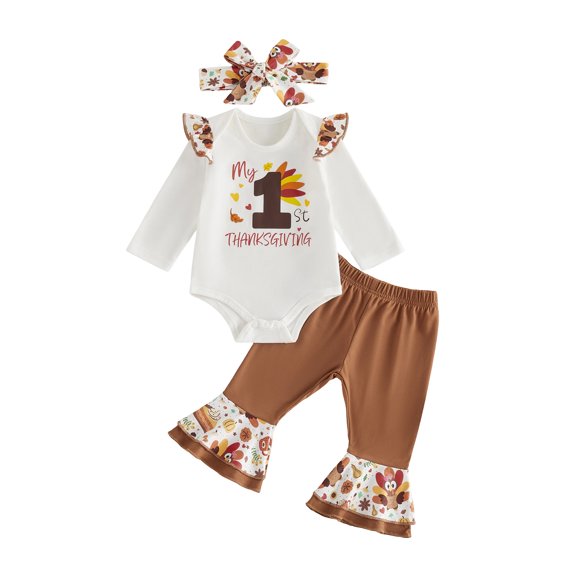 RUINIXCW Newborn Baby Girl My First Thanksgiving Outfits Infant Baby Girls Fall Winter Clothes Cute Turcky Printed Long Sleeve Romper and Flared Pants Headband Set
