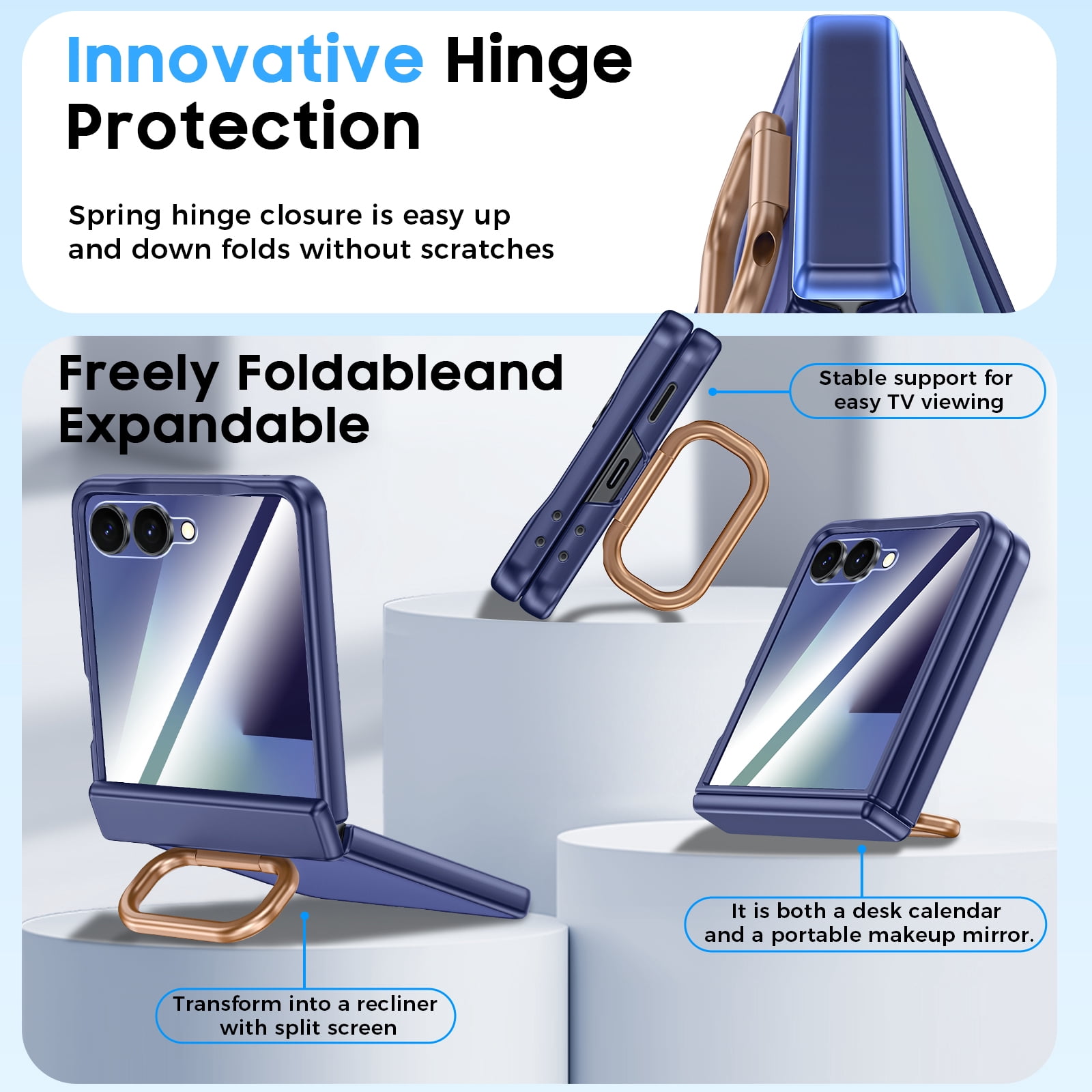 Vizvera for Samsung Galaxy Z Flip 7 Case with Ring Holder & Screen Protector & Hinge Protection,Wireless Charging,Skin Feel Matte PC,Shockproof Phone Case-Blue