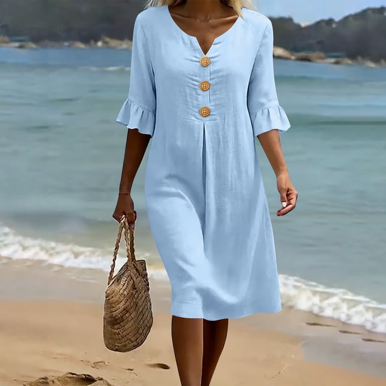 dressy casual summer dresses Nerohusy Summer Dresses for Women Ruffle Sleeves Button Tunic Dress Elegant Dressy Casual Pleated V Neck Midi Dress Beach Vacation Light Blue,L,