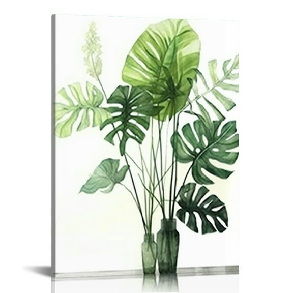 ONETECH  Green Leaf Wall Art Nature Plants Canvas Minimalist Leaves Prints Botanical Picture Tropical Floral Painting Artwork Framed for Bathroom Living Room Bedroom Office Home Decor