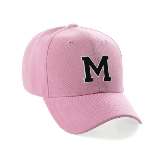 Classic 3D Raised Initial Letters A to Z Structured Baseball Hat Cap Adjustable, Pink Hat White Black Letter M