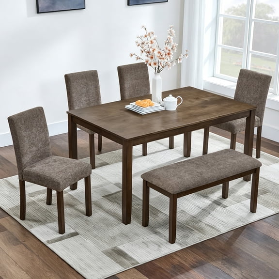 Noble House Amary 6-Piece Wooden Dining Table Set, Farmhouse Rustic Kitchen Table with Bench and 4 Chairs, Walnut