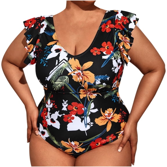 VerPetridure Women's Plus Size Ruffled One Piece Swimsuit High Waisted V Neck Bathing Suit Floral Print Swimwear Summer Beach Outfit