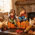 thumbnail image 4 of Fall Harvest Scarecrow Figurine Set of 2, Wood 2D Scarecrow Sitting on Pumpkin Statue with Sunflower, Autumn Farmhouse Tabletop Decor for Mantel Shelf Thanksgiving Home Decor, 4 of 5