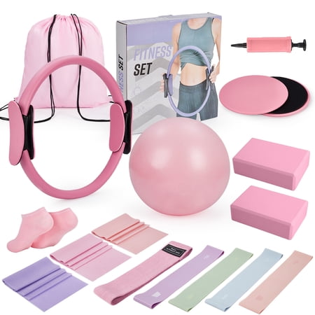 Pink Pilates Equipment Set 17-Piece, Home Workout Kit with Ring, Ball, Resistance Bands, Yoga Blocks & Gliding Discs