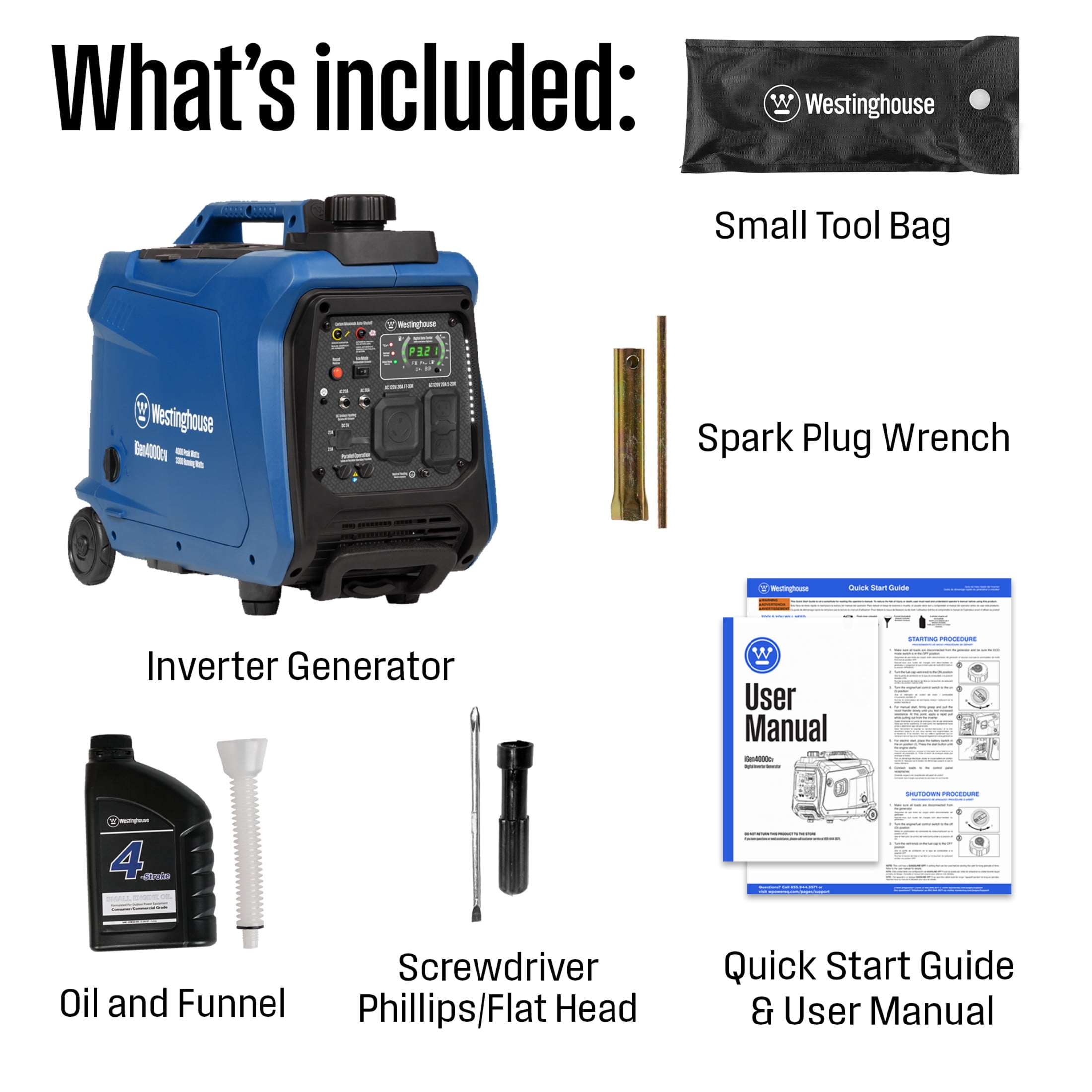 Westinghouse 4000 Peak Watt Gas Portable Inverter Generator, Recoil Start with CO Sensor