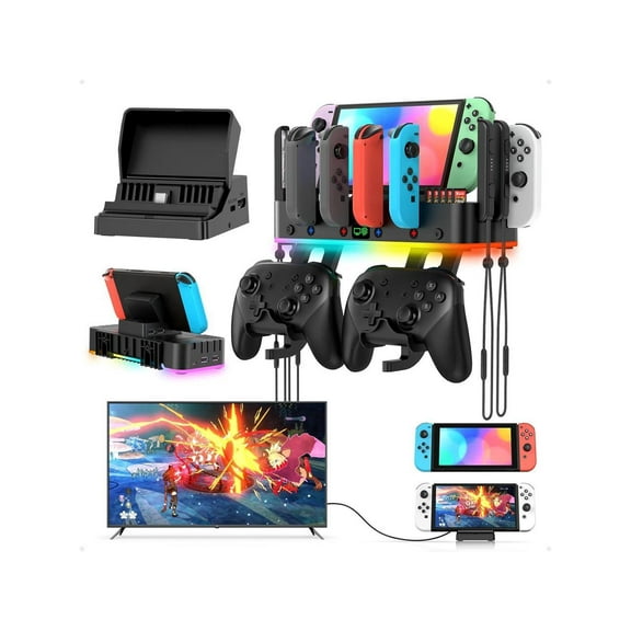 Switch TV Dock Station & Wall Mount for Nintendo Switch/OLED,RGB Switch Charging Dock for Joycon with 4 Controller Charger,1 HDMI2.0, 1 USB 3.0,3 USB 2.0,10 Card Slots, 2 Hooks, 4 Wrist Strap