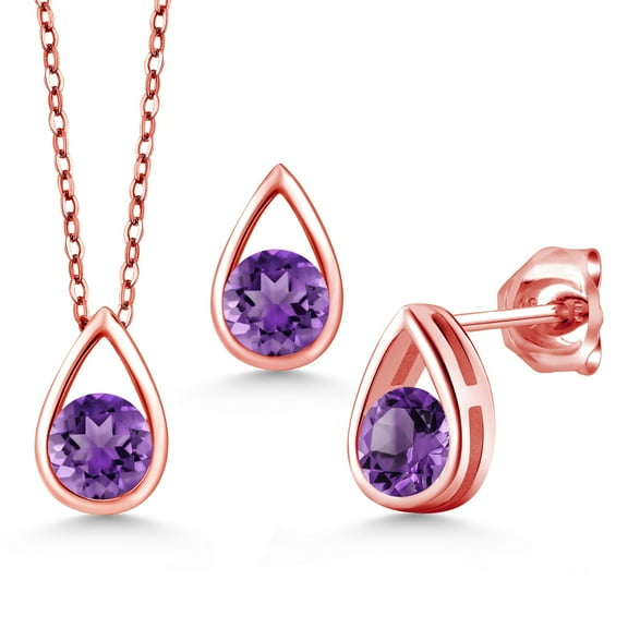 Gem Stone King 1.43 Ct Round Purple Amethyst 18K Rose Gold Plated Silver Teardrop Pendant and Earrings Jewelry Set With Chain