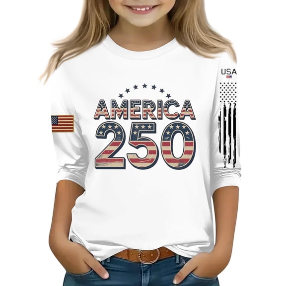 CCRFTGI American 4th of July Shirts for Kids Girls Size 6-7 USA Shirts Funny 3/4 Sleeve 250 anniversary usa flag Summer Freedom T-Shirts Patriotic Teen Girl Clothes Tee Tops White 7-8 Years