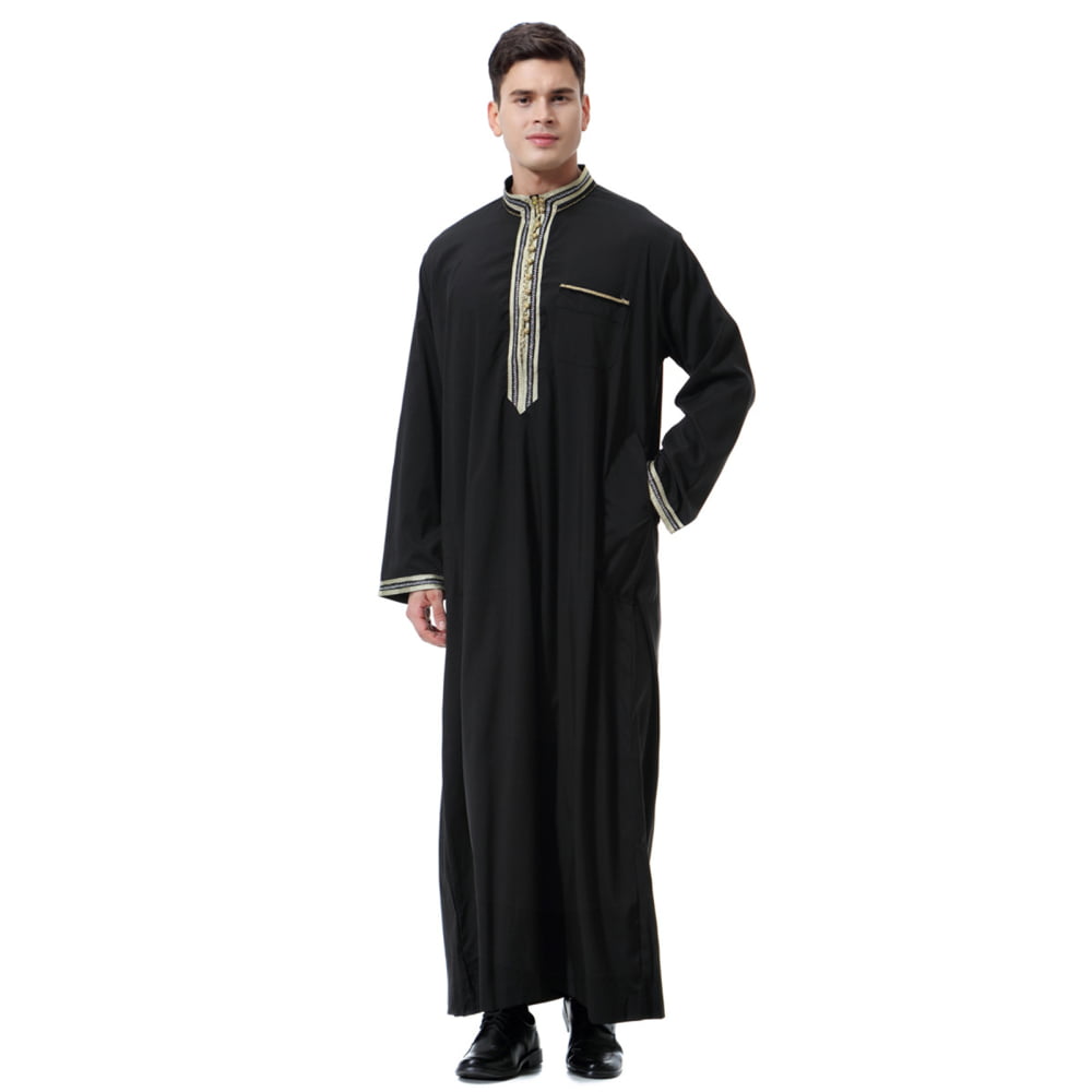 Men's Thobe Kaftan Islamic Abaya Dress Dubai Robes Long Sleeve Middle ...