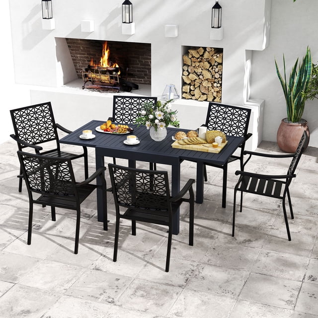 Gymax 7PCS Expandable Outdoor Dining Set w/Slatted Tabletop & Seats for Deck Garden