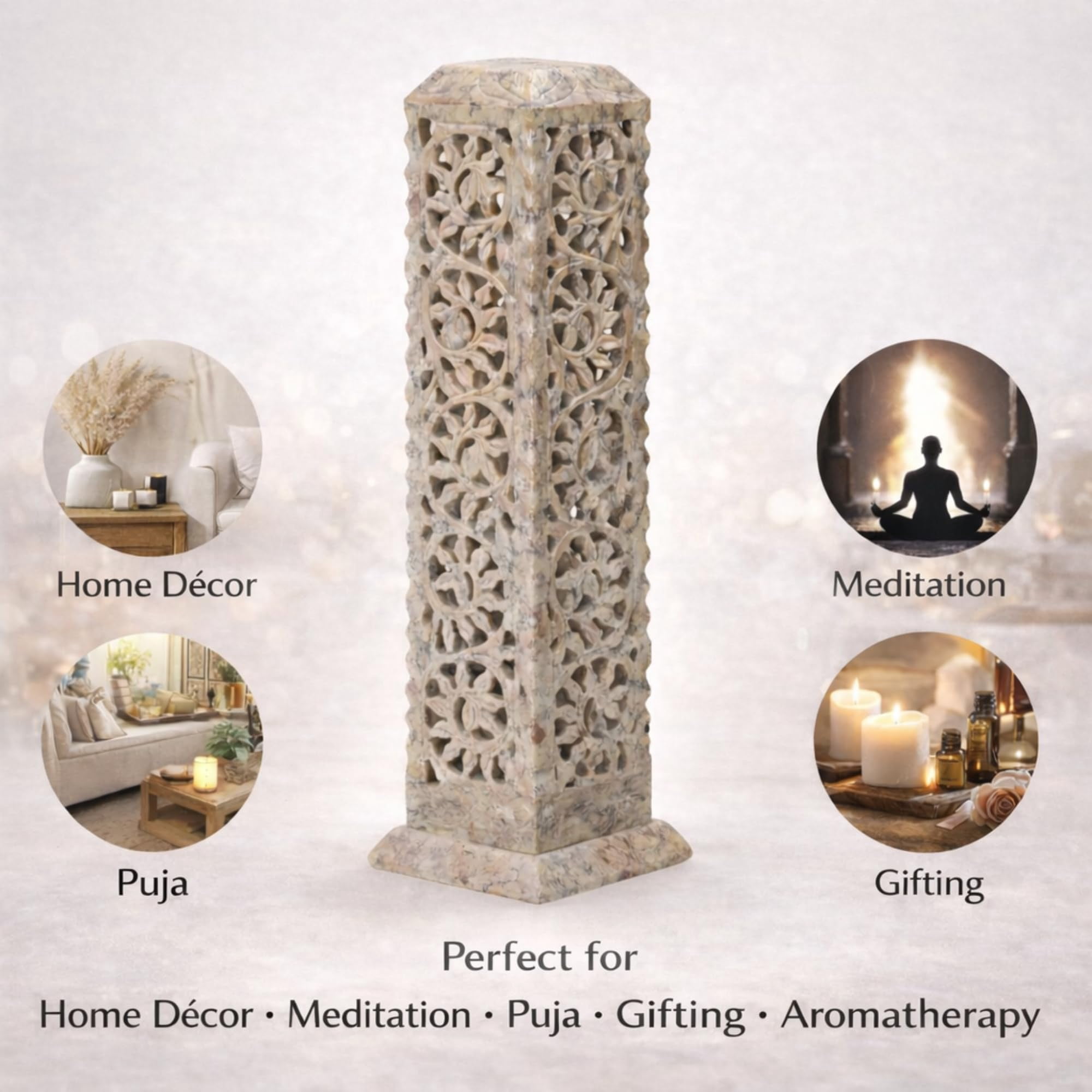 Handmade Marble Soapstone Incense Stick Burner | Candle Holder Tea Light Stand - Tower For Gifting. Decorative Home And Kitchen Decor (3 X 3 11 Inches)