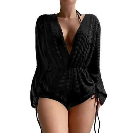 MSJUHEG Mesh Bathing Suit Cover Up Tropical Kimono for Women Kimonos for Women Pool Cover Ups for Women Swim Cover Up for Women Split Wrap Lace Up Hollow Out Bikini Selling Bikini Black XL