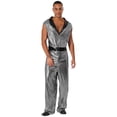 thumbnail image 6 of TiaoBug Men's Retro 70s Outfit Disco Dance Jumpsuit Sleeveless Shiny Metallic V-Neck Bodysuit Clubwear Silver L, 6 of 7