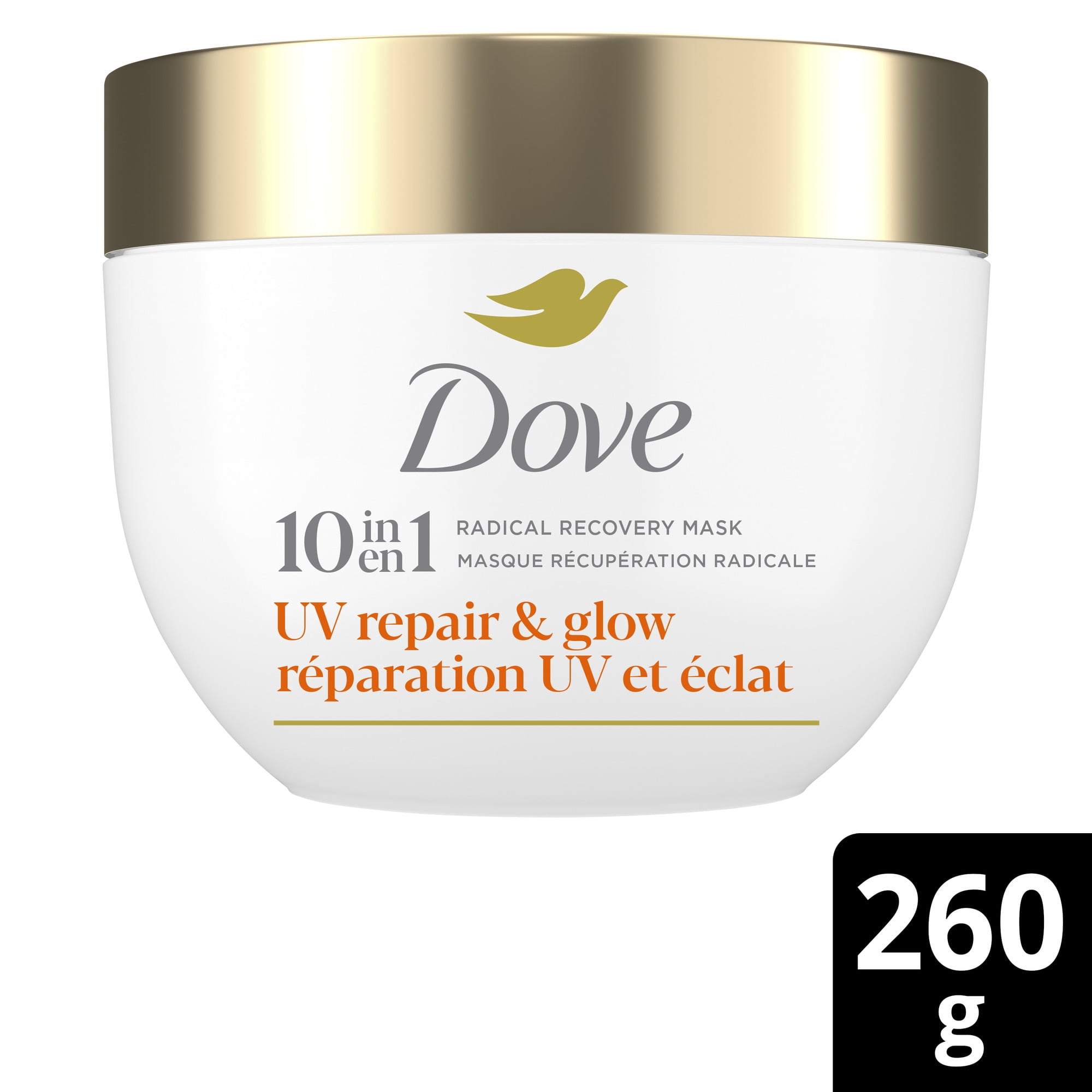 Masque revitalisant Réparation en profondeur de 99 % des dommages capillaires causés par Dove Radical Recovery les UV UV Repair & Glow avec perles Lumi-Beads fondantes 260g