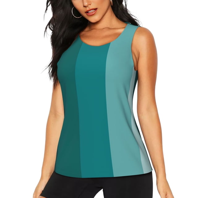 Balery Teal Color Camiseta sin mangas estampada ligera para mujer, tops de entrenamiento sin mangas, camisetas de yoga transpirables de secado rápido.-X-Large