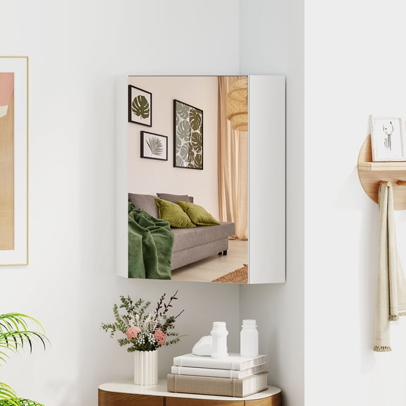 Giantex 23.5" Corner Medicine Cabinet with Mirror, Wall Mounted Bathroom Cabinet for Small Spaces,White