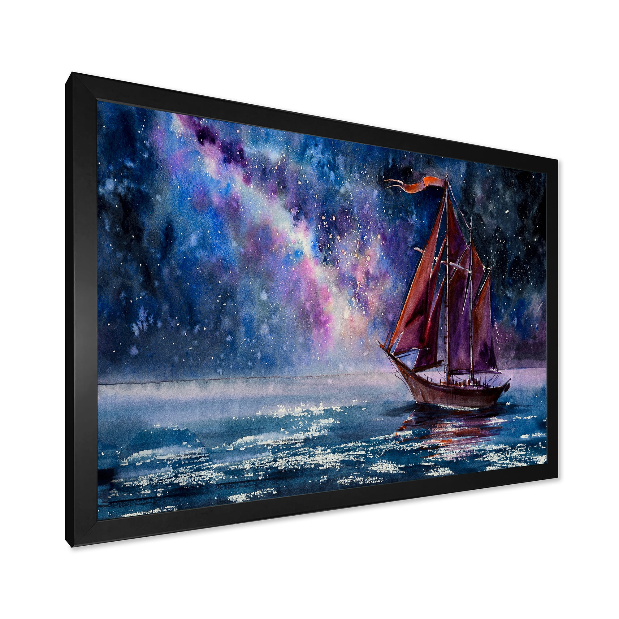 Designart 'Red Sails & Bright Night Sky With Wooden Sailboat' Nautical & Coastal Framed Art Print
