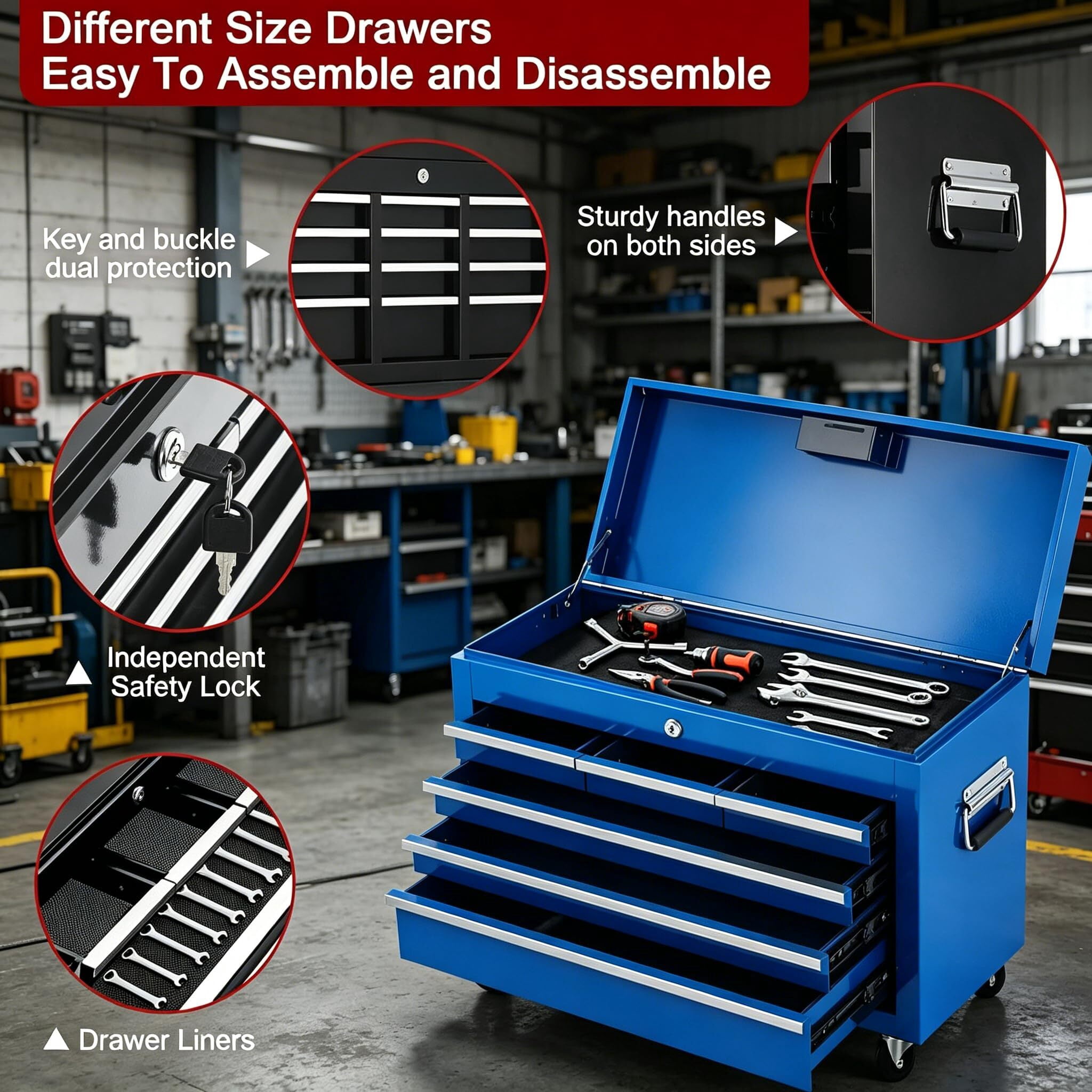 Garvee 2-in-1 Rolling Tool Chest, Heavy-Duty Metal Tool Storage Organizer with Liners and Locking System for Garage, Workshop, Blue
